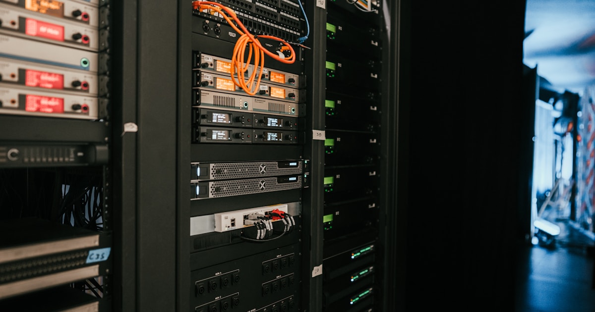Rack of servers and network equipment in a data center