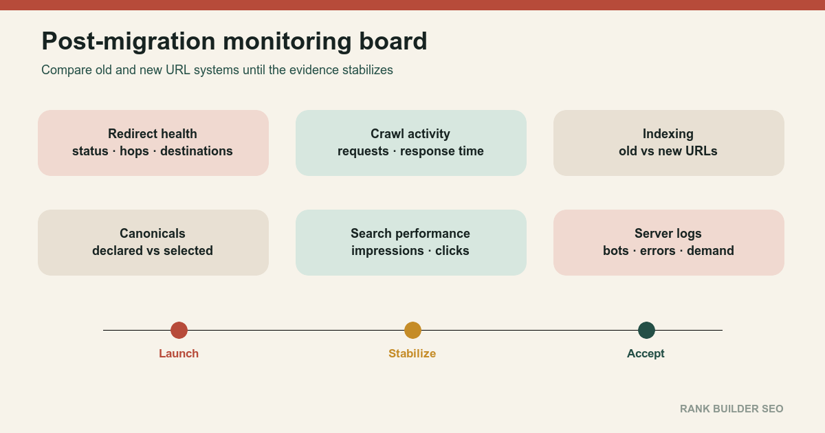 Monitoring framework for evaluating a site migration after launch