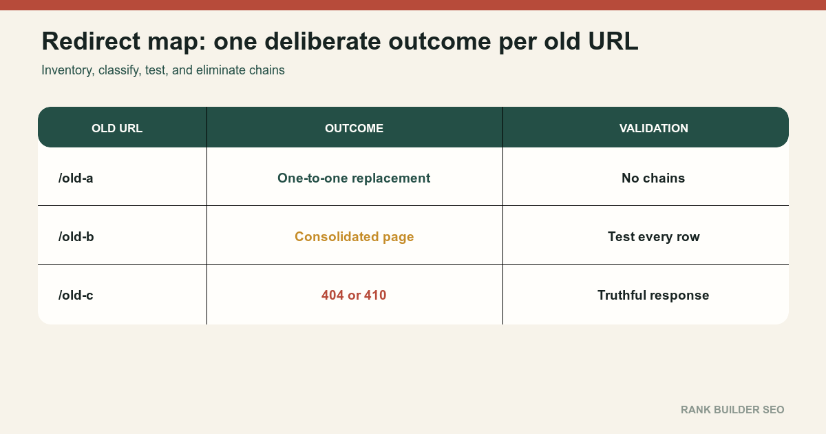 Redirect map assigning each old URL to a replacement or truthful removal response