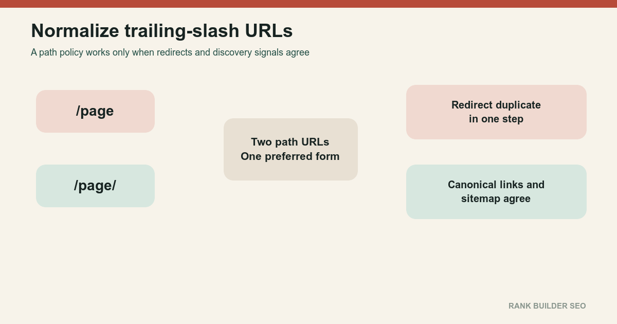 Diagram showing slash and nonslash page paths normalized to one preferred URL