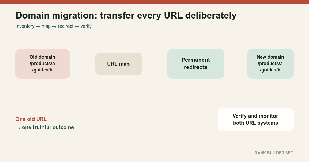 Diagram showing old-domain URLs mapped and redirected to corresponding new-domain URLs