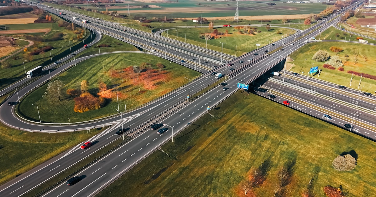 Aerial view of a multilane highway interchange