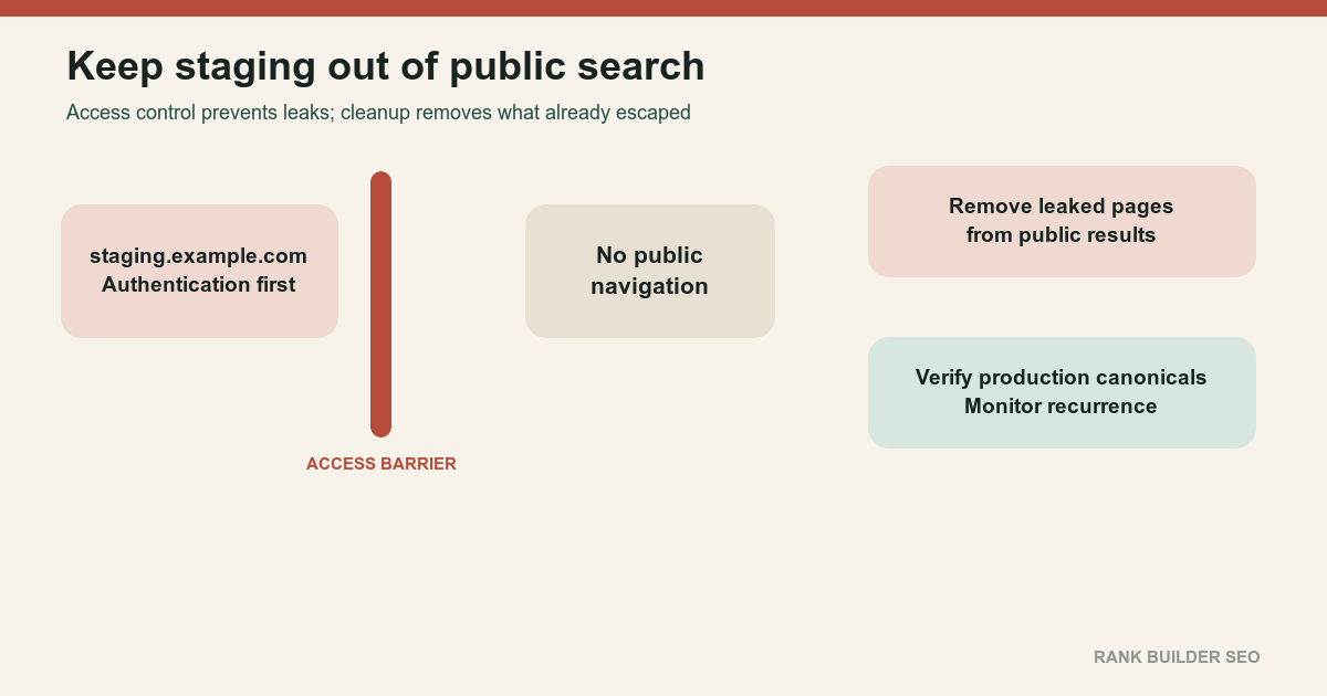 Diagram showing a staging site protected from public crawling and indexing